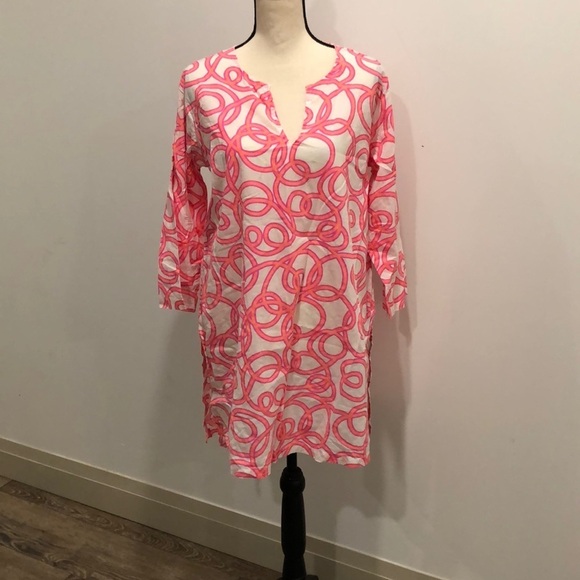 Gretchen Scott cotton tunic blouse beach cover-up size M orange pink geo pattern - Picture 1 of 8